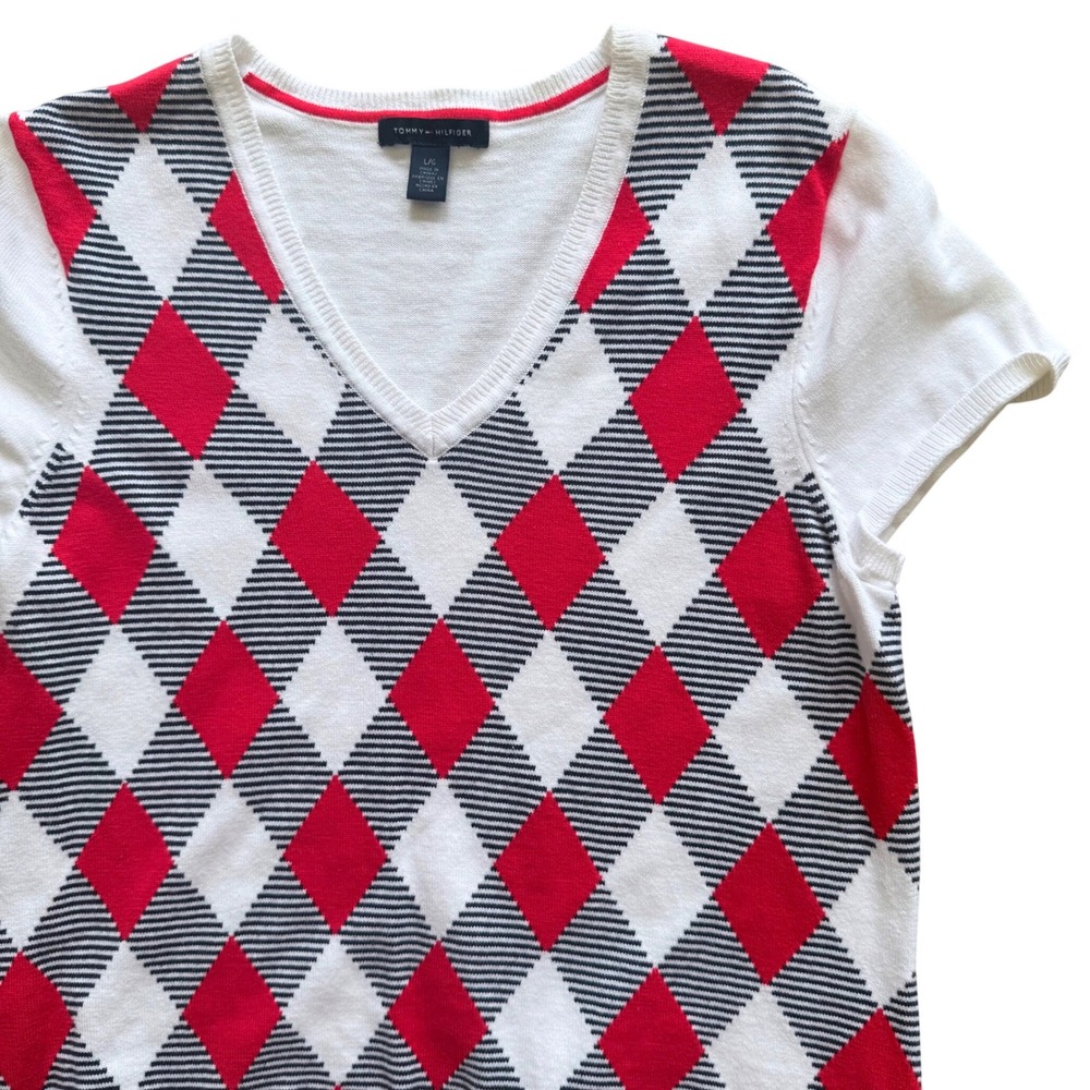 VTG Tommy Hilfiger Argyle Sweater Women Lg Short Sleeve Preppy Y2K  Academiacore